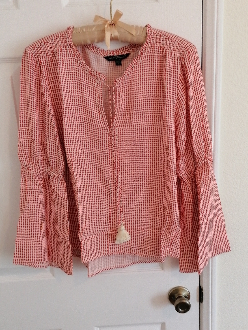 Velvet Heart Red -White Patterned Peasant Blouse with bell sleeves. Flowy casual
